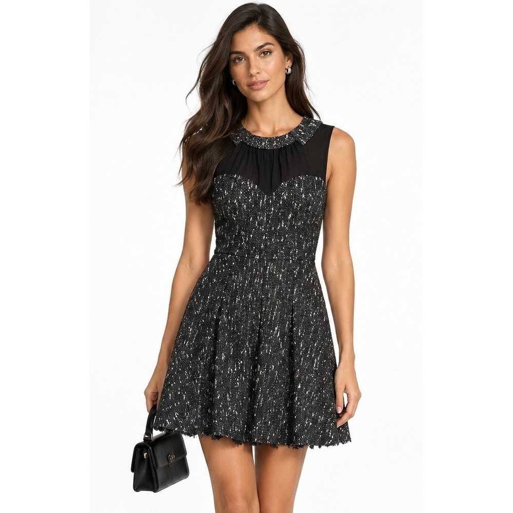 Bebe Black Sleeveless Tweed Sheath Dress Embellished Collar Party 00 XXS